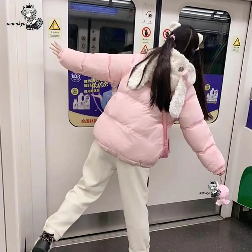 Kawaii Pink Kawaii Lolita Women Parka Japanese Cute Embroidery Bunny Ear Hooded Jacket Loose Plush Velvet Lined Down Padded Coat
