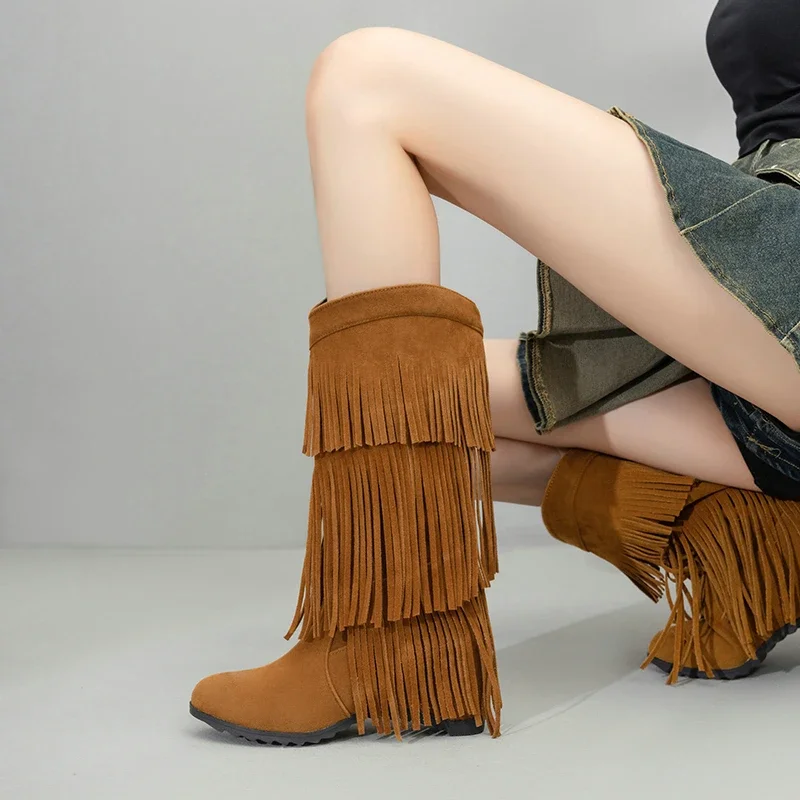 

Faux Nubuck Suede Leather Tassels Shoes For Women Hidden Heels Height Increase Western Mid-calf Boots With Fringes Cowboy Boot