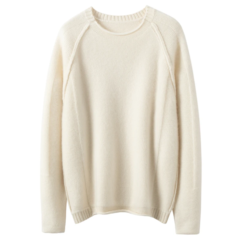 New Autumn Winter 100% Cashmere O-Neck Pullover Ribbed Trim Rolled Edge Loose Raglan Sleeve Sweater Casual Minimalist Daily Wear