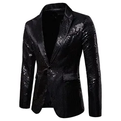 Fashionable Men's Luxurious Sequin Suit Jacket Color Blocking Collar Casual Single Button Blazer Coats Charm Men's Clothing