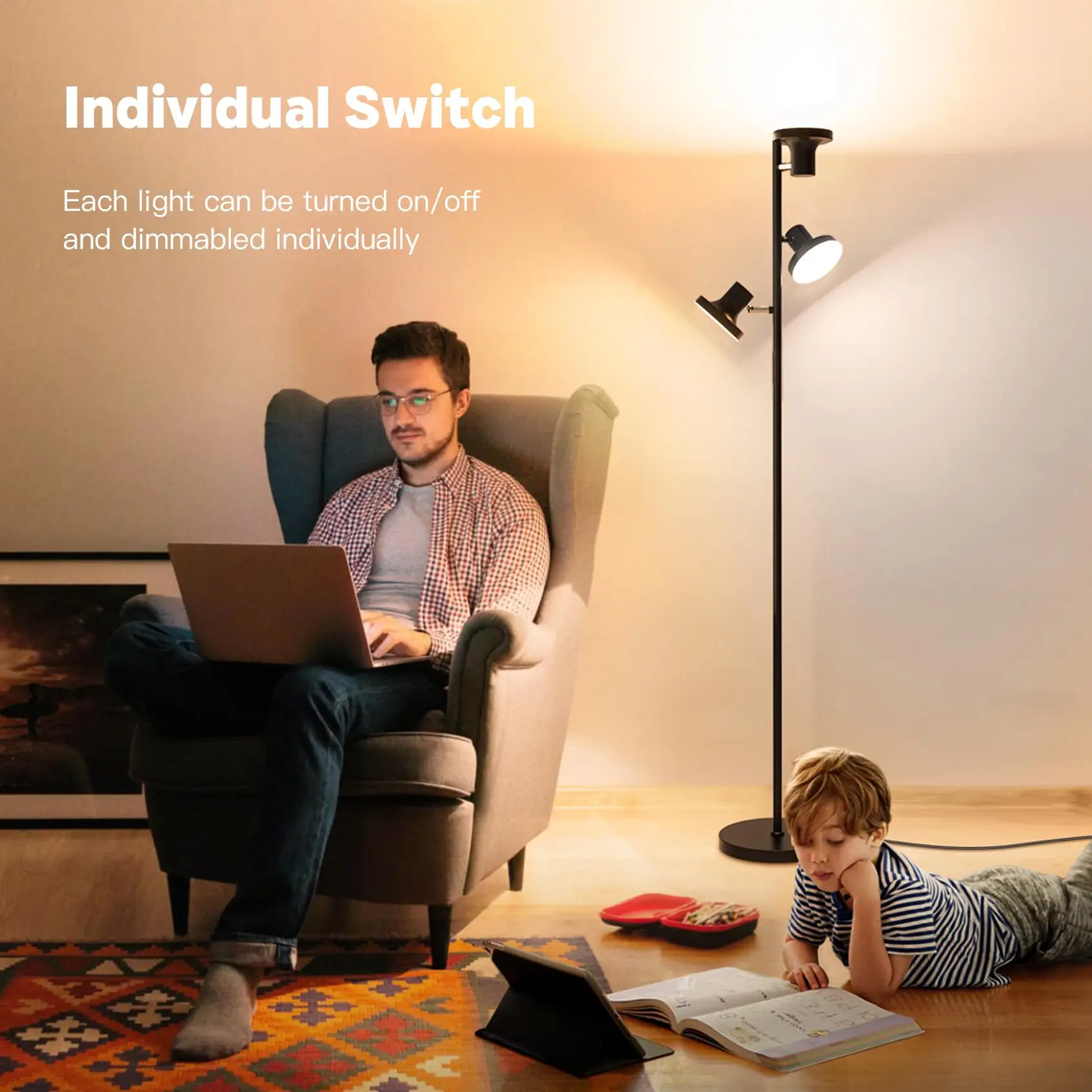 LED Tree Floor Lamp, Modern Dimmable Standing Lamp with Remote & Touch Control, 3 Rotatable LED Light Floor Lamps