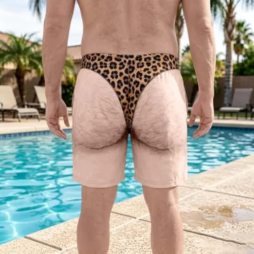 Men Funny Prank Swim Trunks 3D Hairy Skin Leopard Bikini Print Novelty Fake Butt Design Beach Shorts for Summer Party Joke Gift