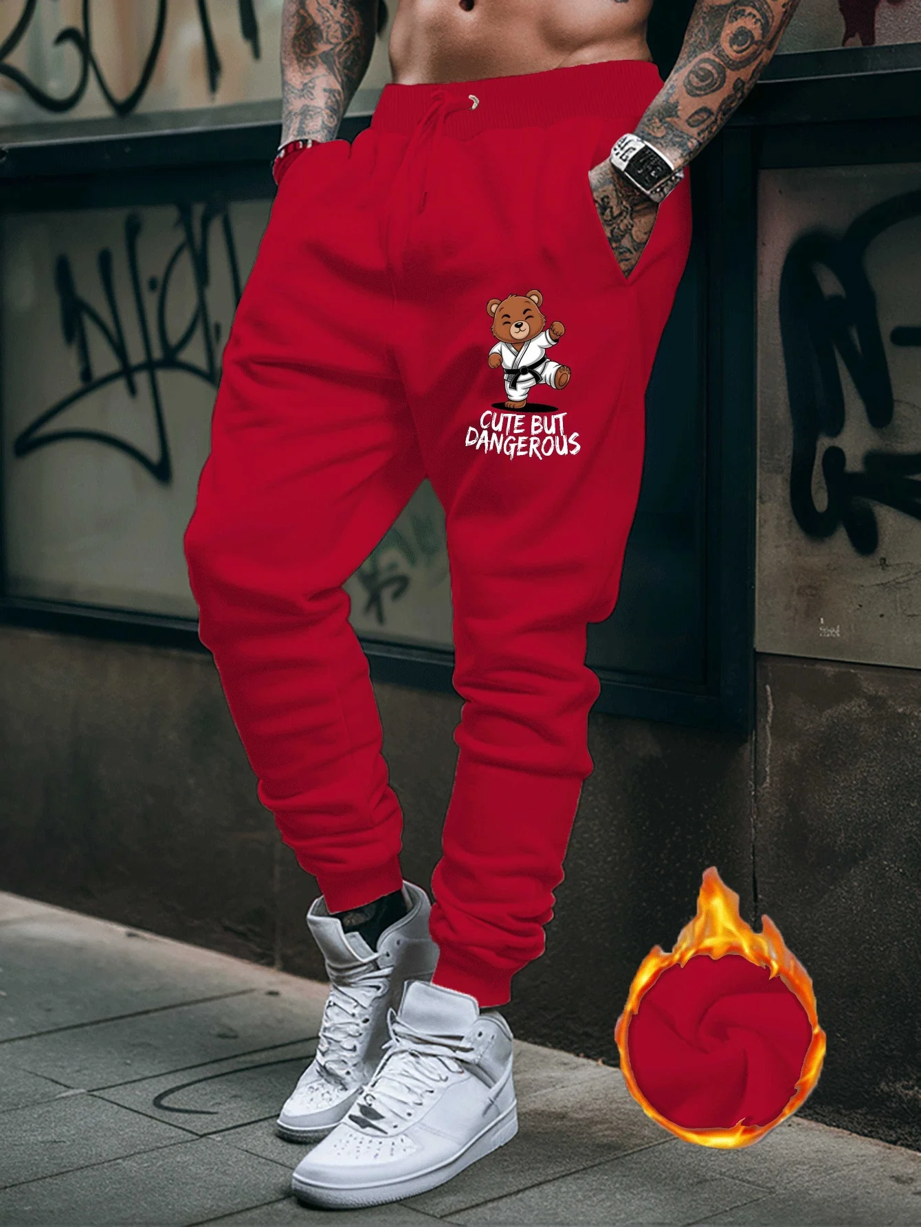 Humorous martial‑arts bear character with fun slogan printed sweatpants men hip hop sports warm street jogger pants