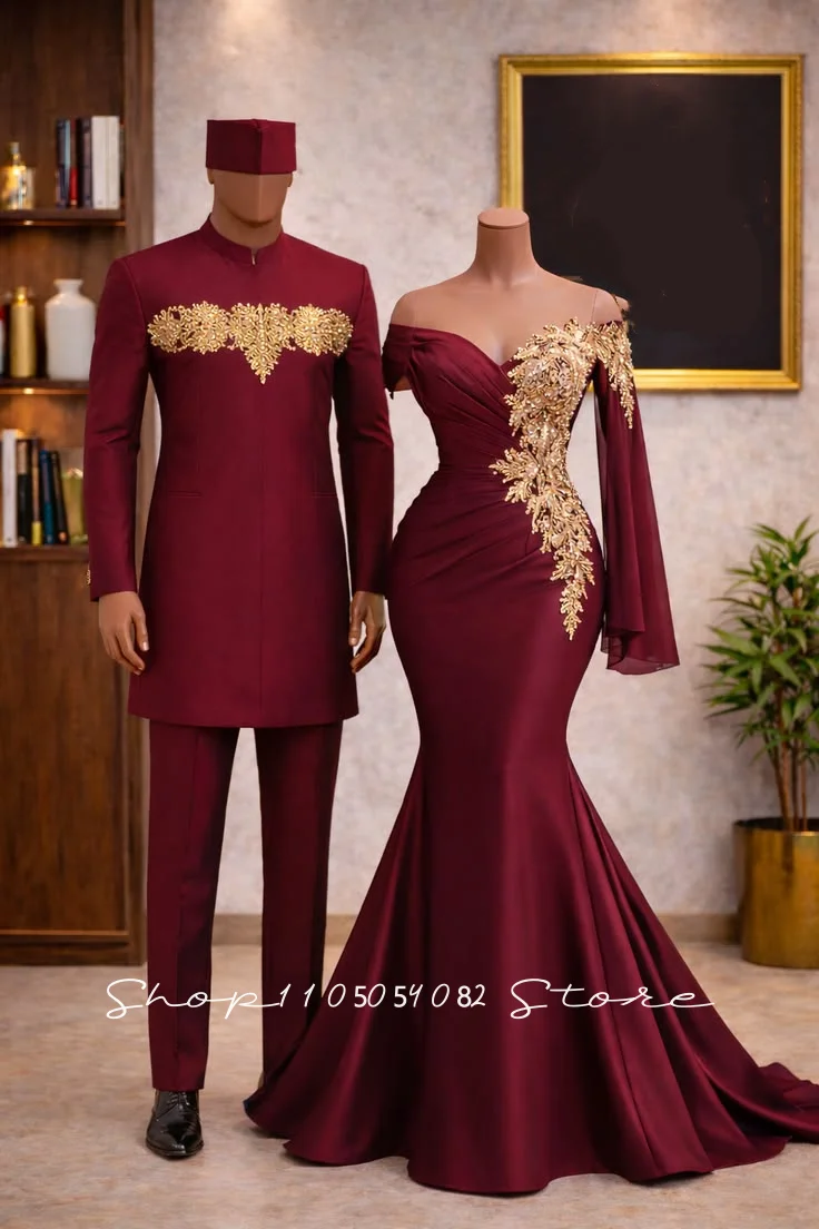 African Traditional Wedding Outfits Burgundy Gold Embroidery Mermaid For Women Wedding Party Gowns Customized robe de mariée