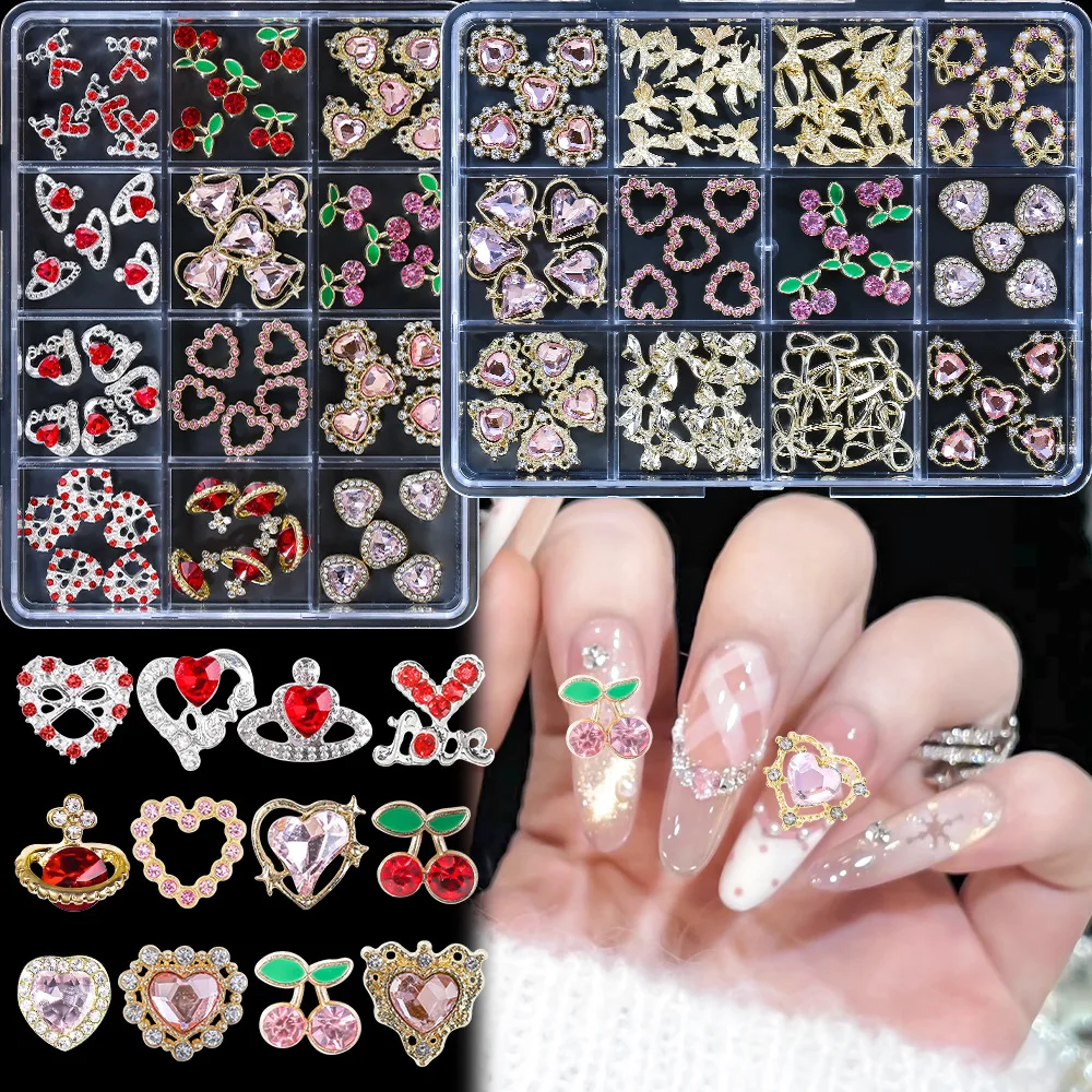 1박스(12칸) 다양한 스타일의 레진 리본 네일 참 귀여운 합금 나비 체리 하트 보석 네일 장식 핑크 펄 매니큐어 부품