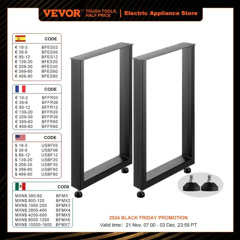 VEVOR-Pieds de Table en Acier de Forme Carrée avec Trous Pré-Percés, pour Usage Domestique, Commercial, Bar, Hôtel, Bureau, 2 Pièces, 2204LBS/1000kg de Charge