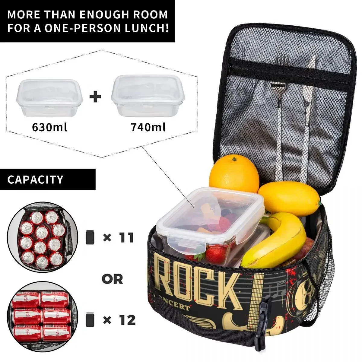 Skull Guitar Rock Festival Thermal Insulated Lunch Bag Women Heavy Metal Punk Music Portable Lunch Tote Multifunction Food Box