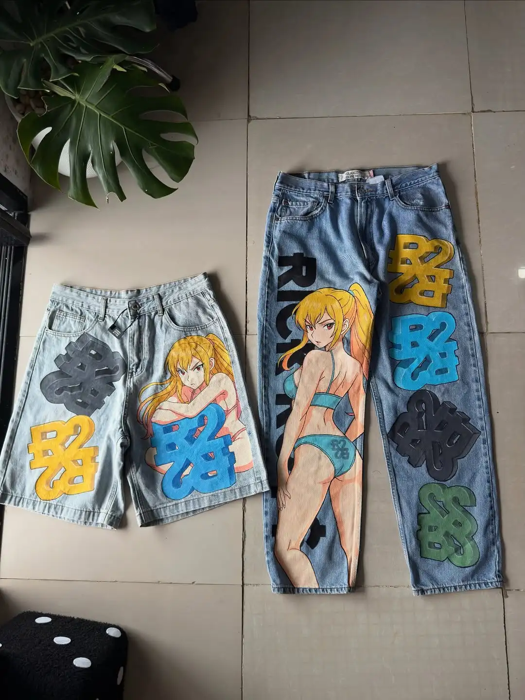 

Y2K американские аниме узор с принтом джинсы для верховой езды уличные ретро готические синие повседневные широкие джинсовые брюки