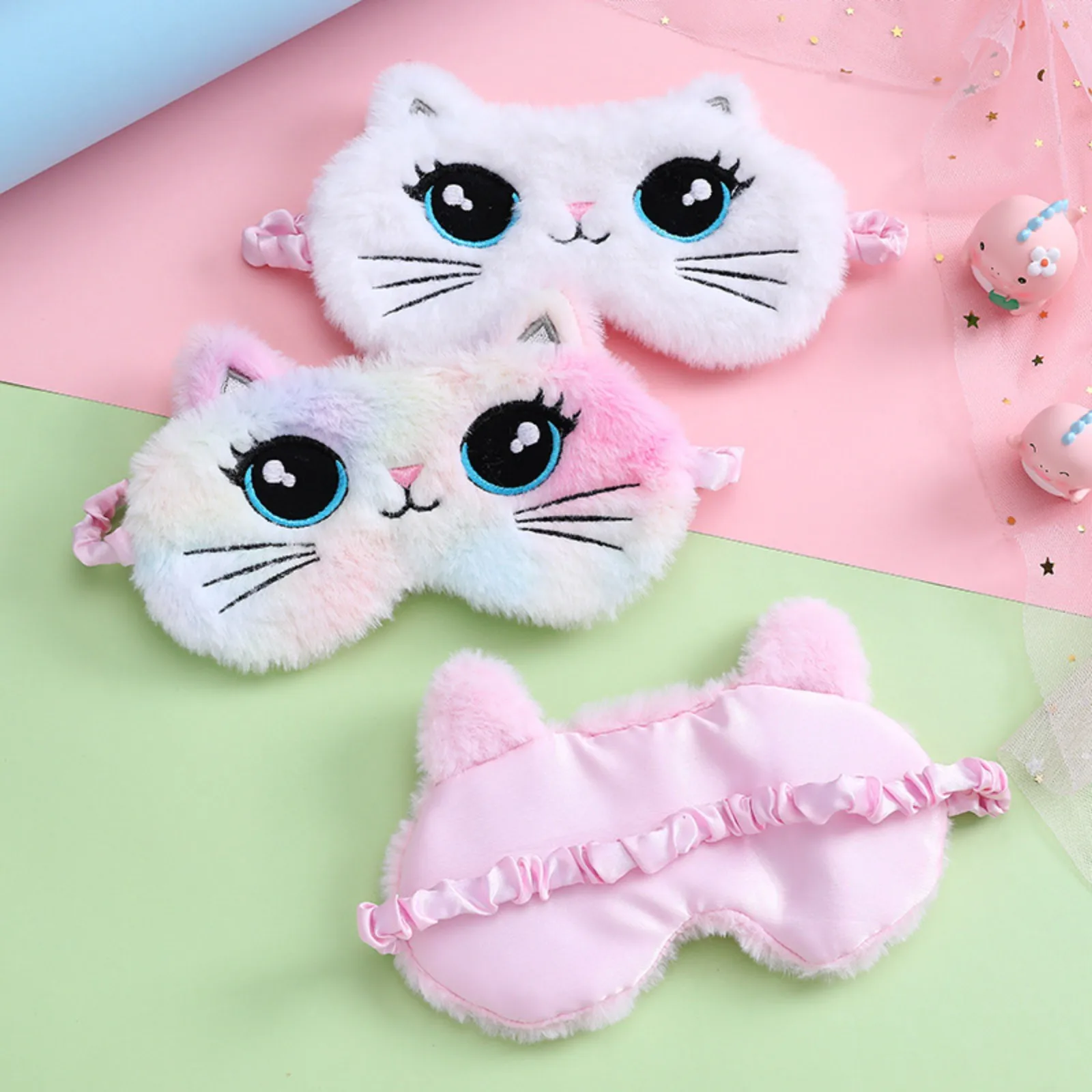 Bonita máscara para dormir de felpa, ojos grandes, parche ocular de felpa, patrón de gatos, máscara para ojos sombreado, descanso de viaje, ayuda para dormir, parche ocular