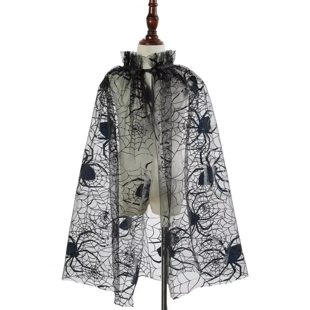 Retro Spider Web Halloween Tulle Cape Bat Soft Kids Mesh Cloak Lightweight Polyester Cosplay Bridal Costume Children