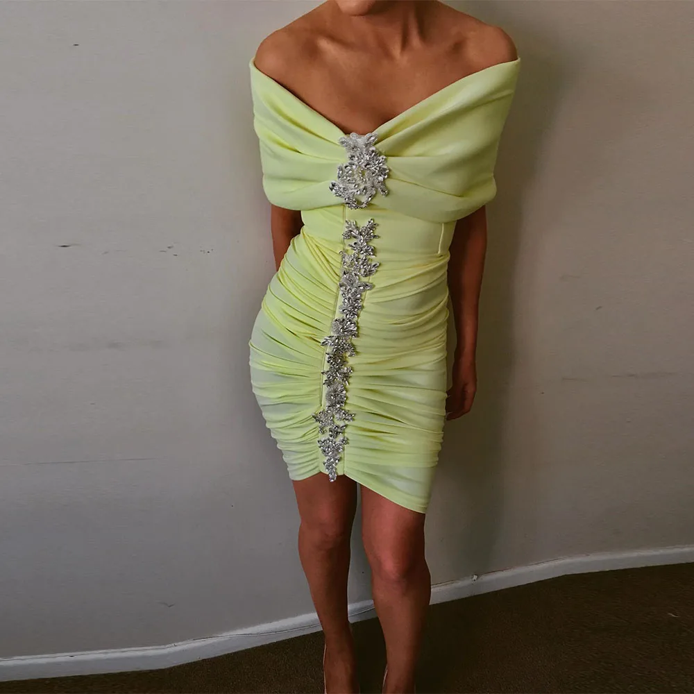 

Короткое желтое коктейльное платье на заказ для женщин, плиссированное коктейльное платье с открытыми плечами, расшитое бисером, свадебное платье