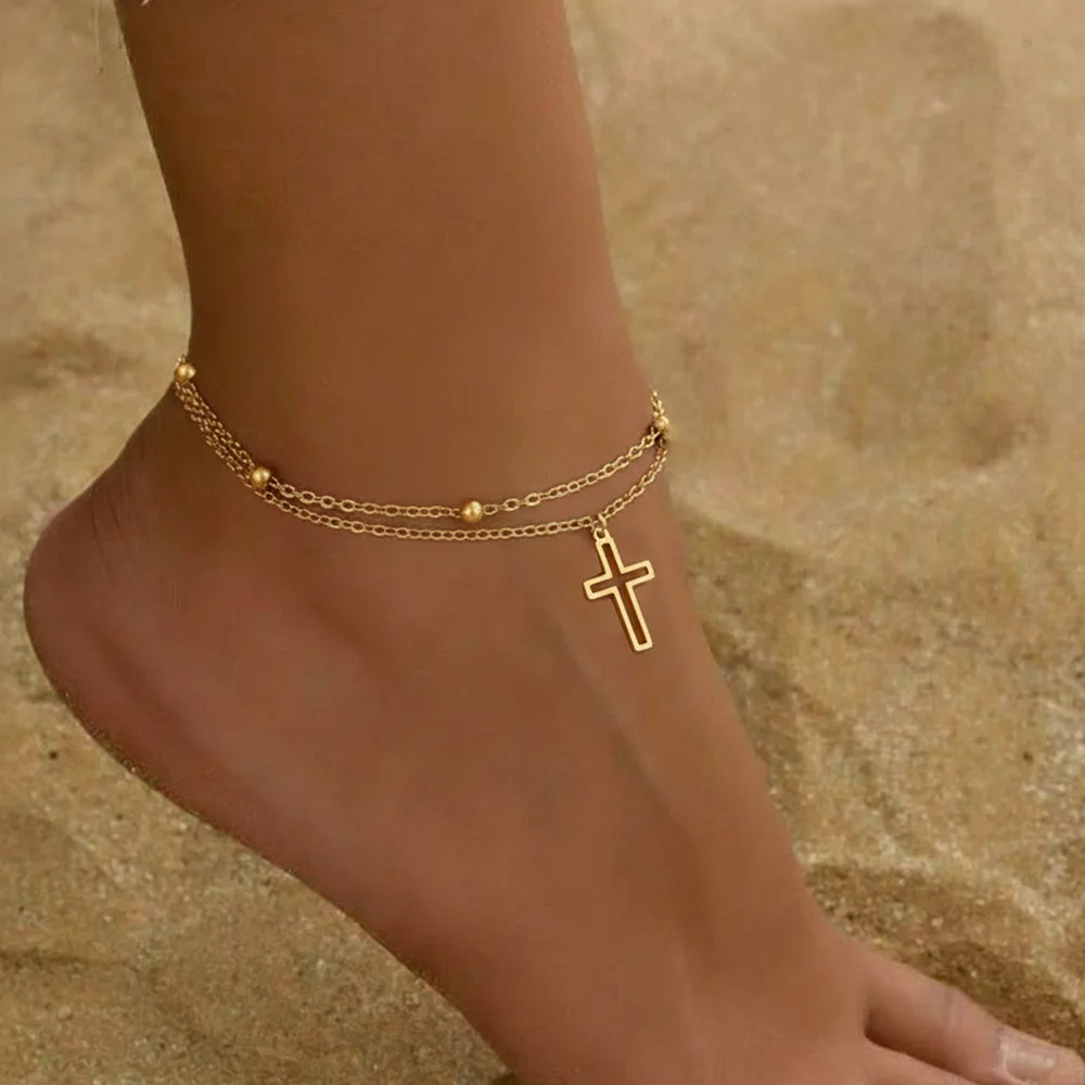 New Stainless Steel Openwork Cross Pendant Double-Layer Ankle Chain Women's Fashion Minimalist Commuter Ankle Jewelry Accessory