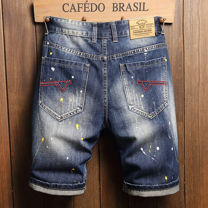 2025 Denim Shorts Men's Fashion Scraped Beggars Personality Paint Style Fashion Summer Hole Five Point Pants