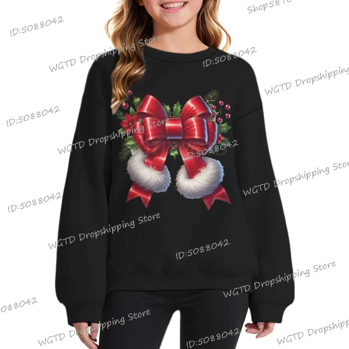 

Autumn and Winter Girls Casual Fashionable Christmas Element Bow Cartoon Pattern Printed Round-Neck Sweatshirts Xmas Clothing