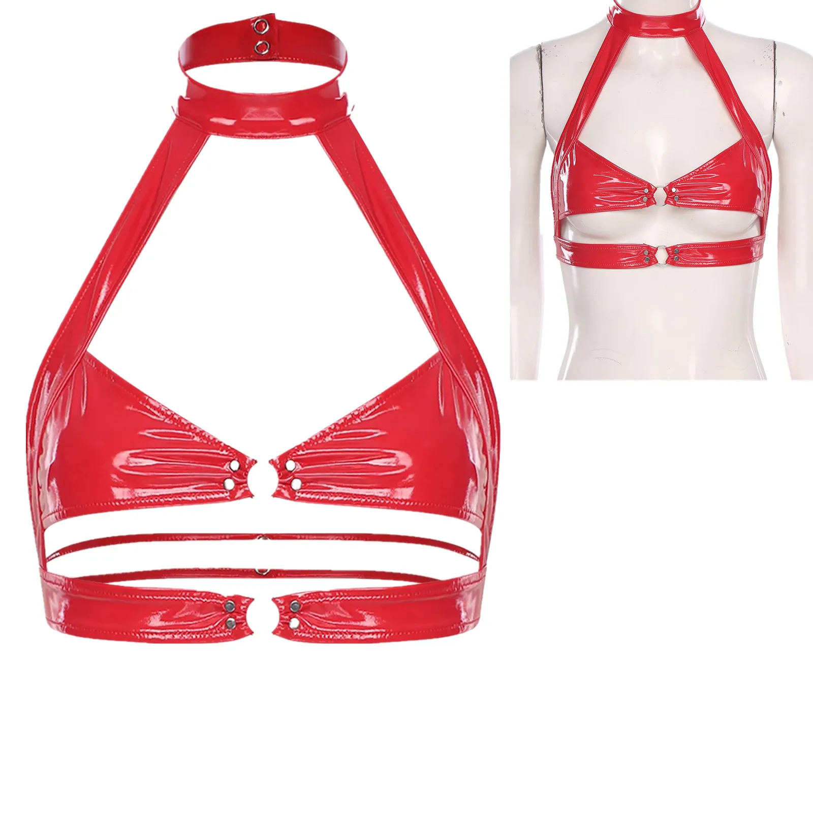 

Women Wet Look Latex PU Leather Bra Sexy Hollow Out Chest Chest Harness Crop Top Nightclub Lingerie for Carnival Party Raves