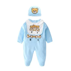 Kawaii  Cotton Clothes One-piece Baby Climbing Suit Newborn Baby Bear One-piece Pink Gray Blue Dress Baby Long-sleeved Pants