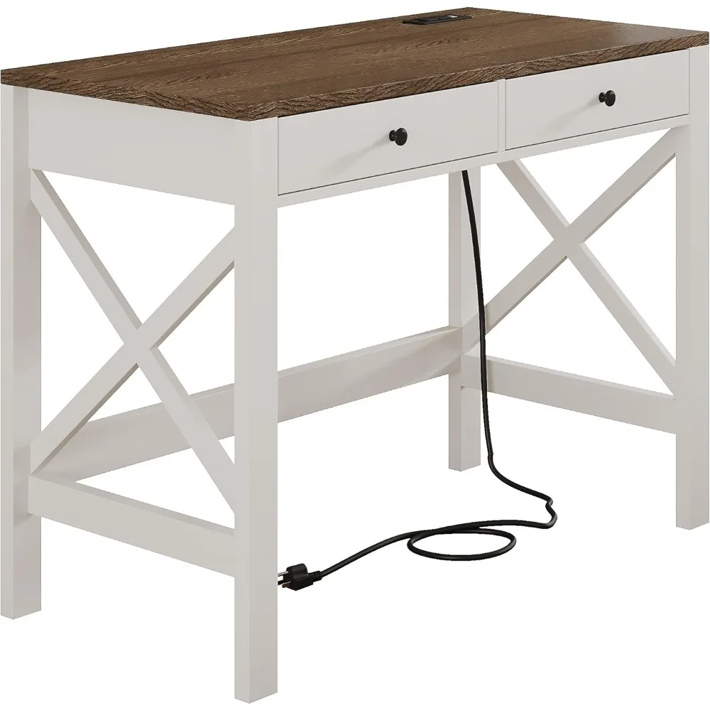 USB Charging & Power Outlet Equipped 39 Farmhouse Desk, Compact Study Writing Table with Drawers