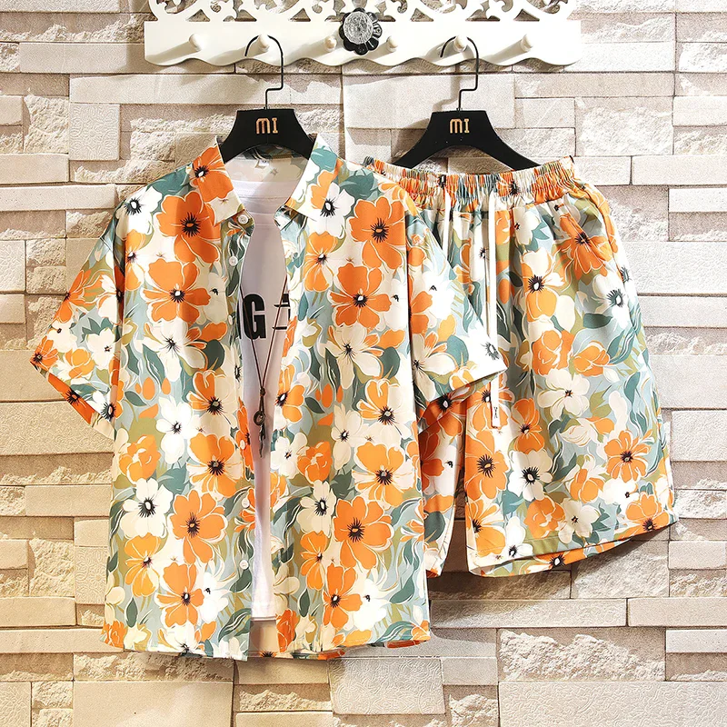 

Summer Beach Hawaiian Men's Sets （ Shirts + Shorts ） Luxury Flower Print Short-sleeved Men Shirt Plus Size Floral 2 Pieces Set