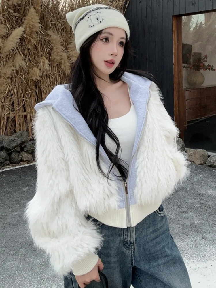 

Fashionable Knitted Hat Jacket Patchwork Short Open Cardigan Top Autumn Winter New Style Leather Fur Outerwear Casual Commute