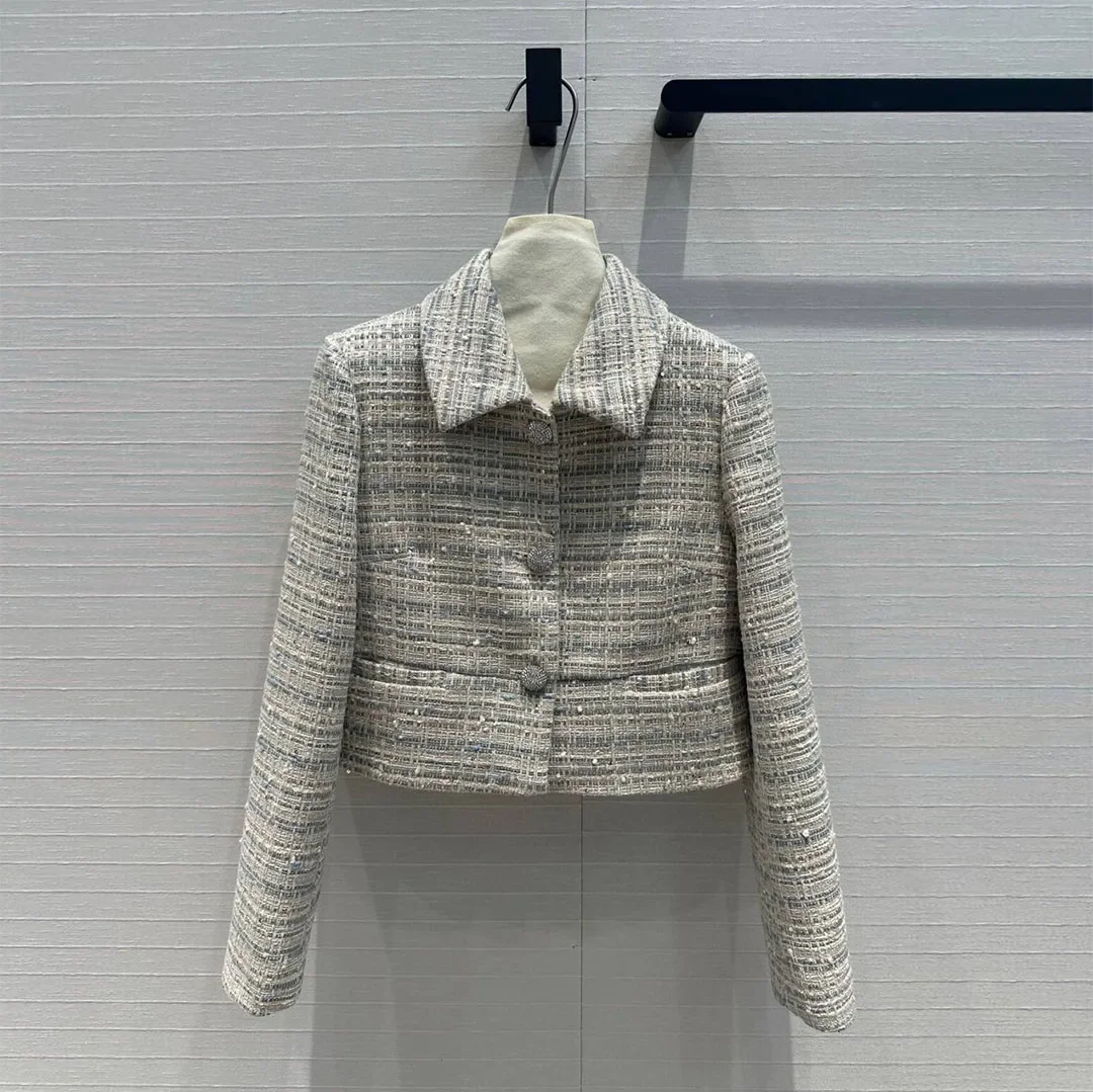 2024 Early Autumn Sequins Embroidered Vintage Tweed Jacket Women Lapel Long Sleeve Diamonds Buttons Stripes Short Slim Cute Coat