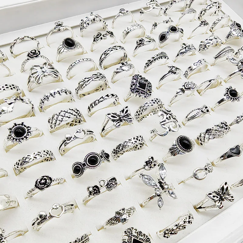 50 teile/los Mix Stil Vintage Finger Ringe für Frauen Schwarz Acryl Emaille Hohle Blume Design Ring Ausschnitt Schmetterling Schmuck Mädchen – Detail 2