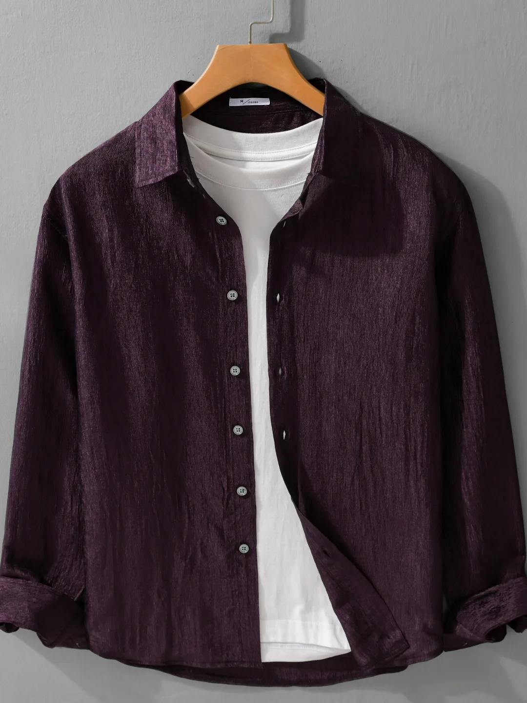 

Acetate Men's Shirt Casual Loose Fit Pleated Pure Color Spring New Style Textured Sensation High-End Feeling Long Sleeve Shirt