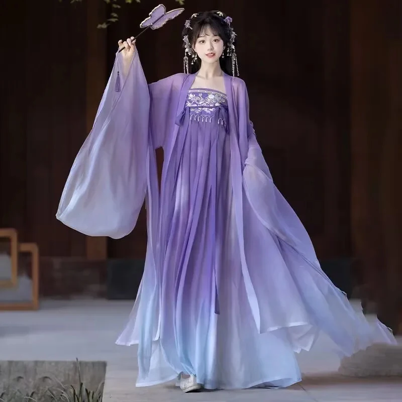 

Women Chinese Halloween Fairy Cosplay Costume Gradient Pink Purple Hanfu Dress Plus Size 8XL yy:89