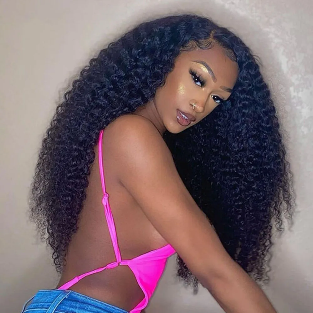 Natural Black Glueless 180Density 26Inch Long Soft Kinky Curly Lace Front Wig For Black Women With Baby Hair Preplucked Daily