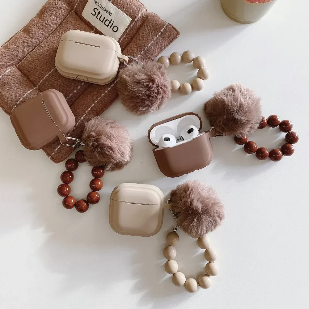 

For AirPods 4 3 2 1 Pro2 Pro Case Milk tea Caramel Black Burgundy For AirPods Pro 2 Headphones Shell With Fur BallBead Chain