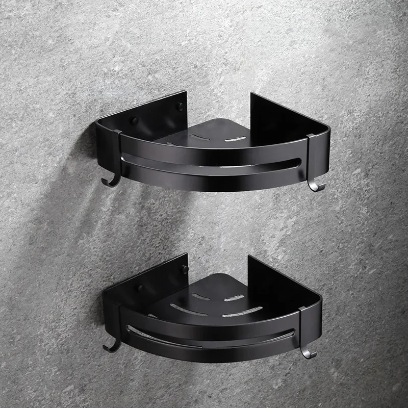 Black/Silver Aluminum Bathroom Triangle Shelf Corner Kitchen Storage Rack with Hook Shampoo Drain Basket Holder Hardware