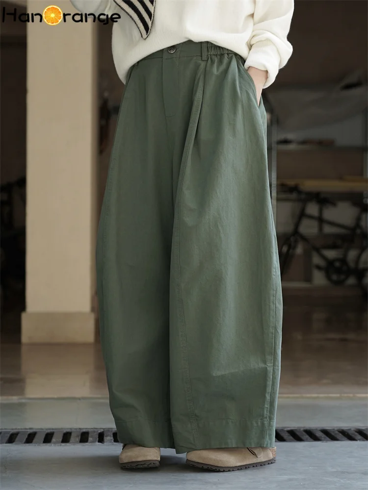 HanOrange 2026 Autumn Casual Half Elastic Waist Wide Leg Pants Women 3D Straightening 100% Cotton Pants Black/Apricot/Green