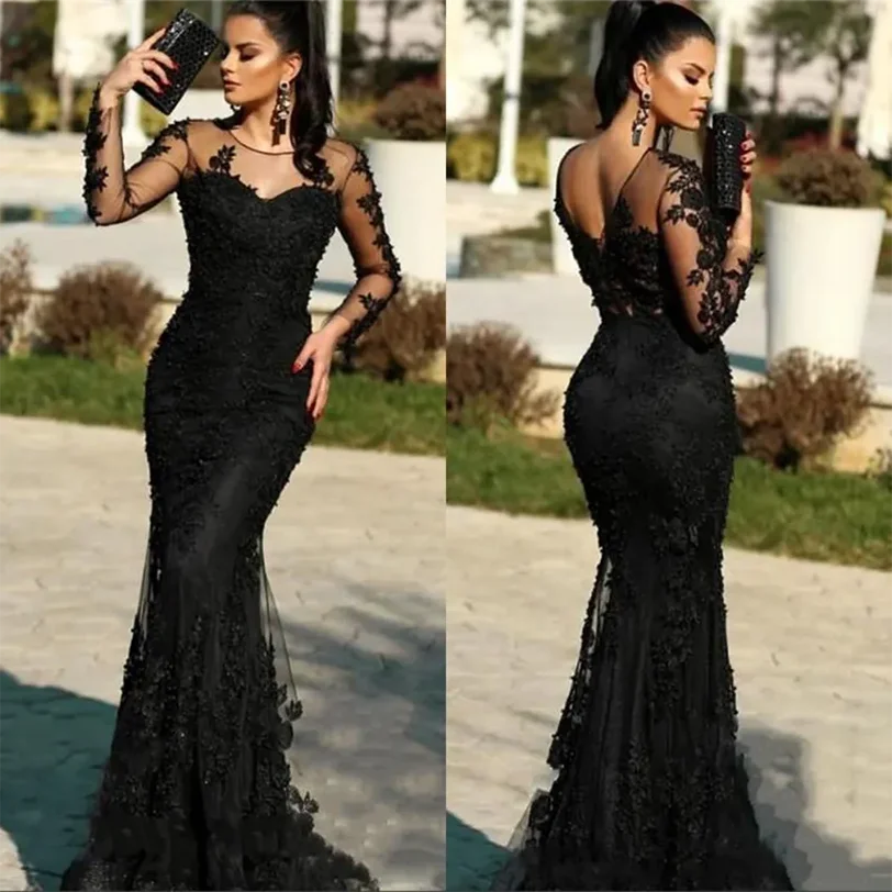 2021 Mermaid Black Lace Evening Dress Illusion Long Sleeve Sheer Neck Floor Length Trumpet Formal Occasion Prom Party Gown Custo