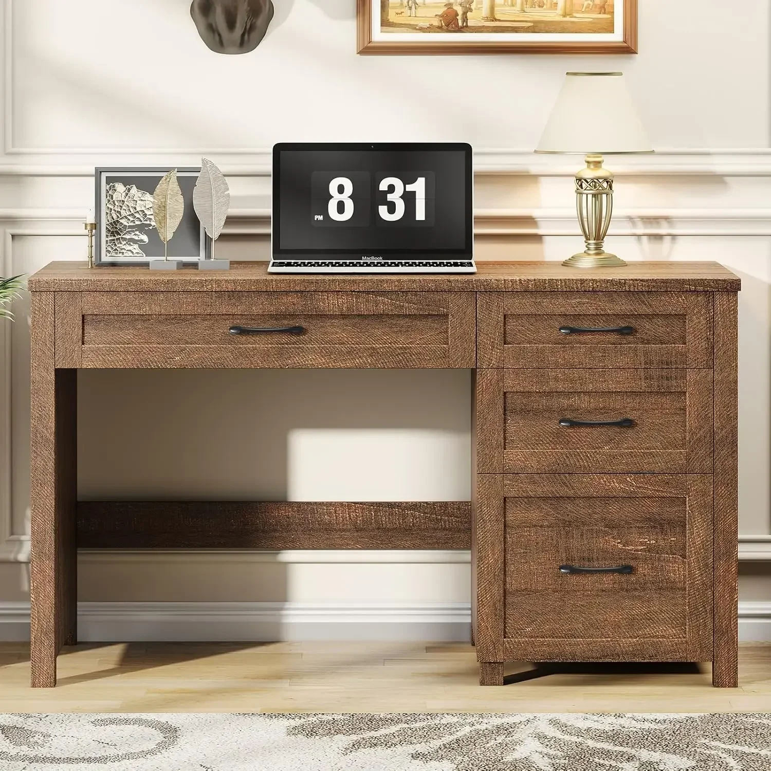 Red Brown 47 Inch Executive Desk Computer Desk With File Drawer Charging Station Home Office Study Workstation
