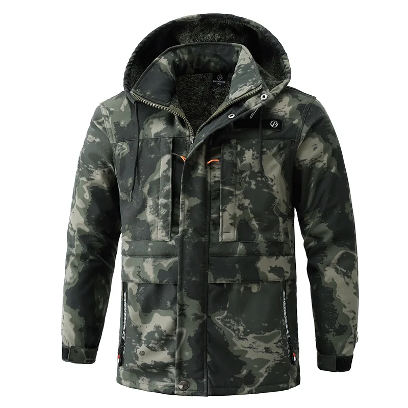 Winter Velvet Camouflage Waterproof Cotton Jacket Suit For Men Outdoor Sports Hiking Tourism Cold Storage Work Clothes Coat