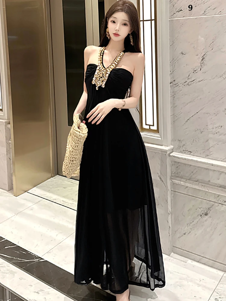 

Black Elegant Diamonds Neck-mounted Gala Dress Women Summer Bodycon Sexy Long Dress 2025 Korean Vintage Luxury Party Night Dress