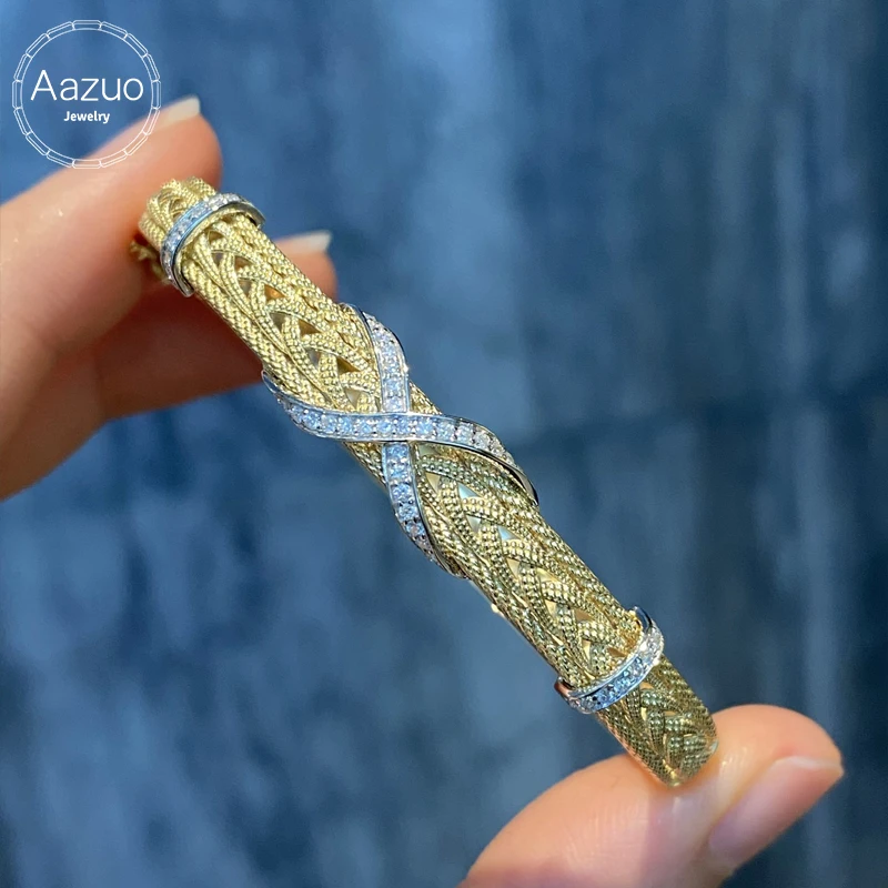 Aazuo 18K Solid Yellow Gold Real Natural Diamonds Luxury Jewelry Textile Rope X Shape Bangle Gift For Women Wedding Party AU750