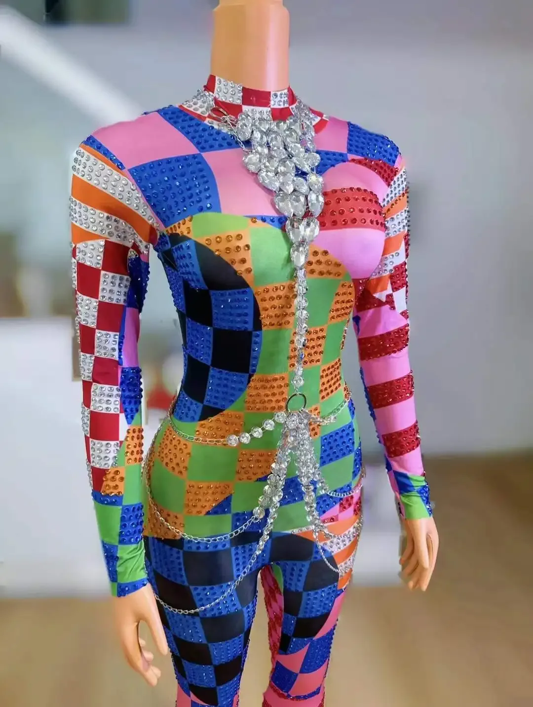 حجر الراين الملونة جوكر زي حللا للنساء تمتد Groop الرقص المغني المرحلة ارتداء هالوين ليلة كلوبوير DJ DS Gogo