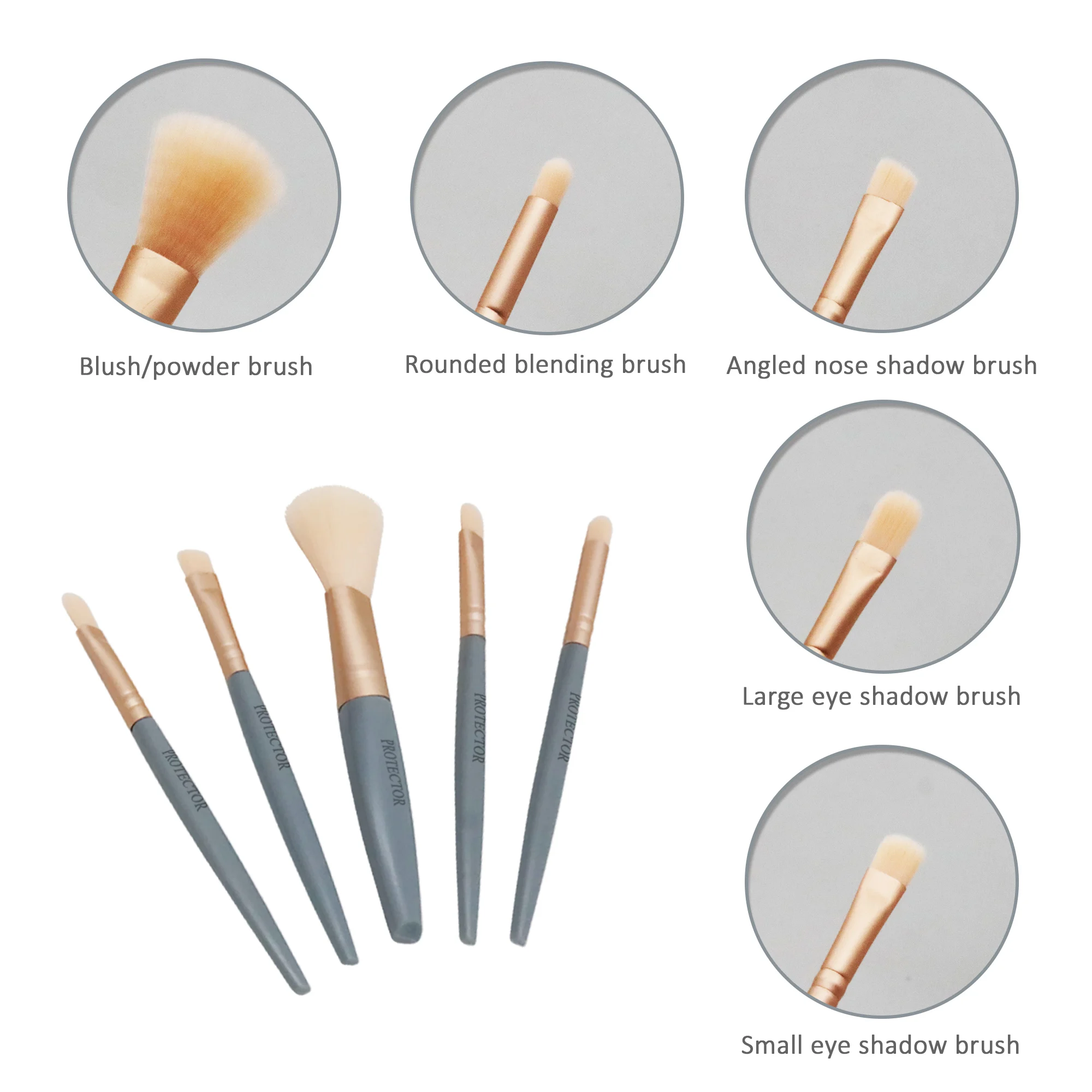 مجموعة فرش مكياج مدمجة مكونة من 5 قطع من PROTECTOR - شعيرات صناعية ناعمة (بدون تساقط) + حقيبة سفر مقاومة للصدمات لرحلات المكياج اليومية/المكياج