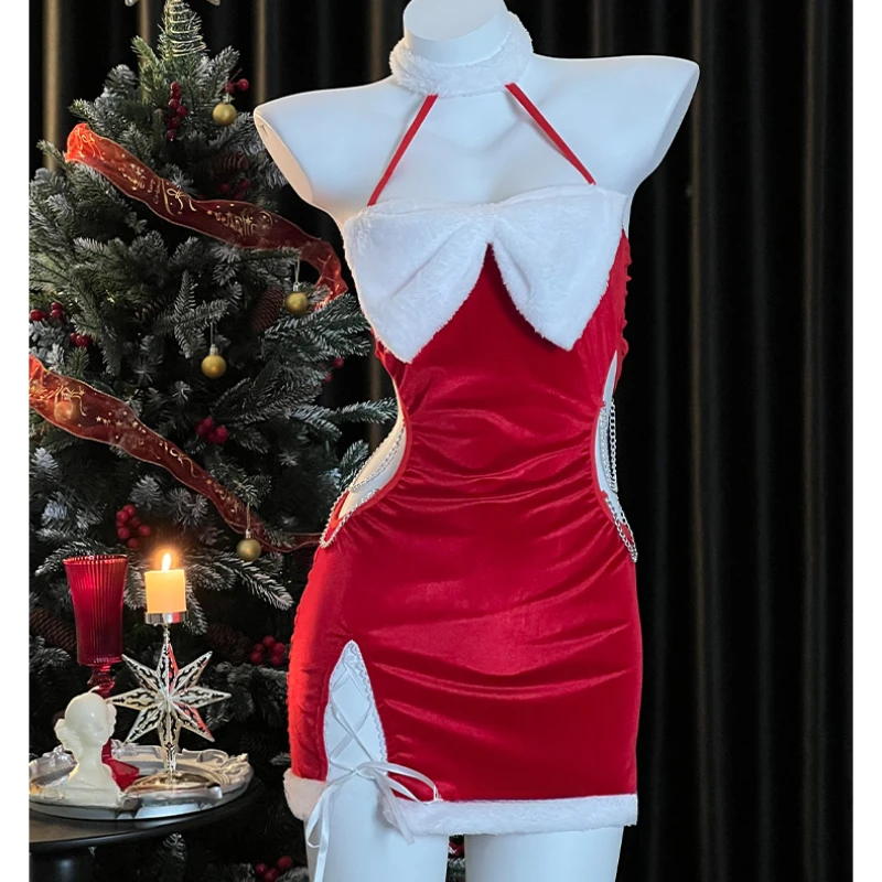 

Lovermore New Year Sexy Lingerie Christmas Cosplay Uniform Velvet Chain Nightdress with Gloves and Stocking Erotic Dress Women