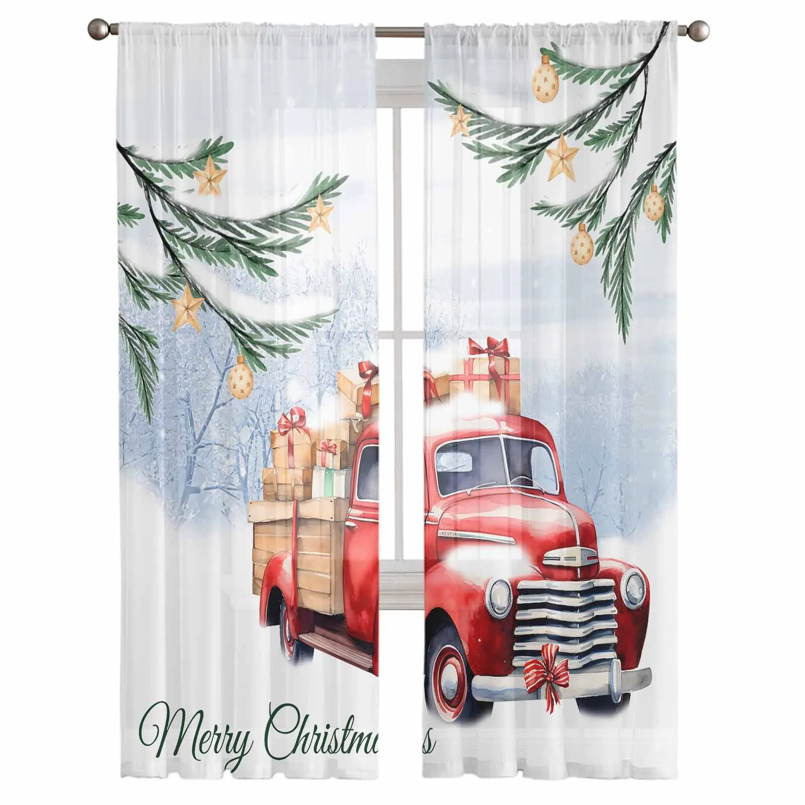 Christmas Red Truck Plants Snow Gift Stars Window Treatment Tulle Modern Sheer Curtains for Kitchen Living Room Curtains Decor