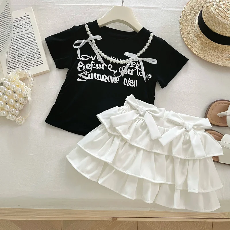 

Girls Suit2025Summer New Letter PrintingTT-Shirt Top and Cake Skirt Two-Piece Set Wholesale
