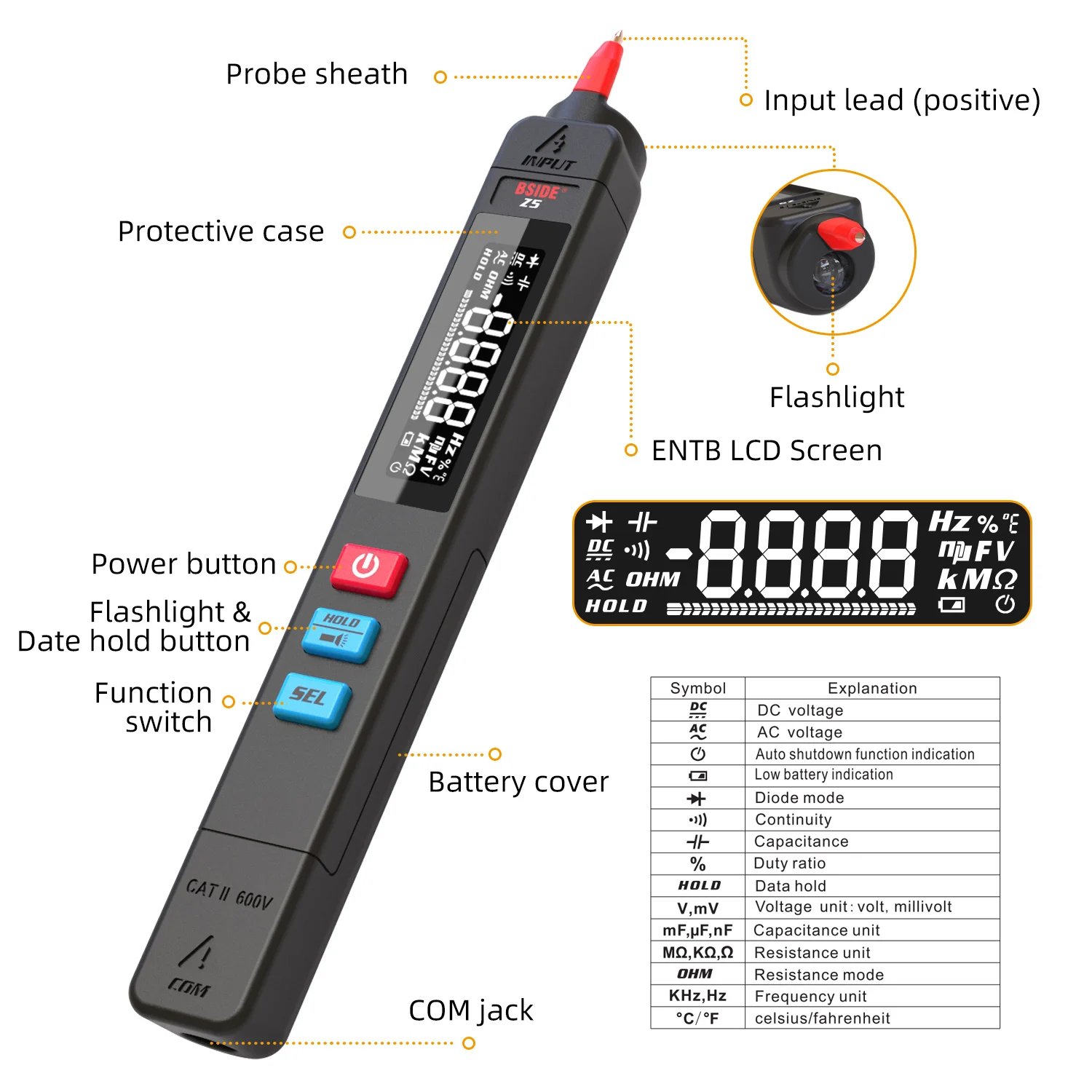 BSIDE Multimeter Digital Tester Smart Pen Type Voltage Detector DC AC Capacitance Ohm NCV Hz Diode Continuity Meter