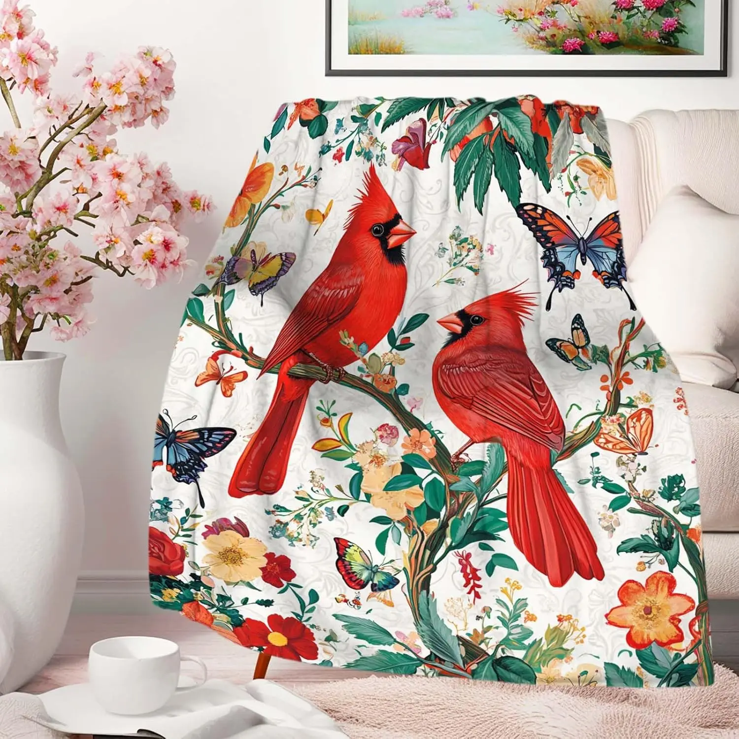 Cardinal Blanket Throw, Cardinal Gifts for Women and Men, Lightweight Soft Red Bird Blanket Fleece, Perfect for Living Room