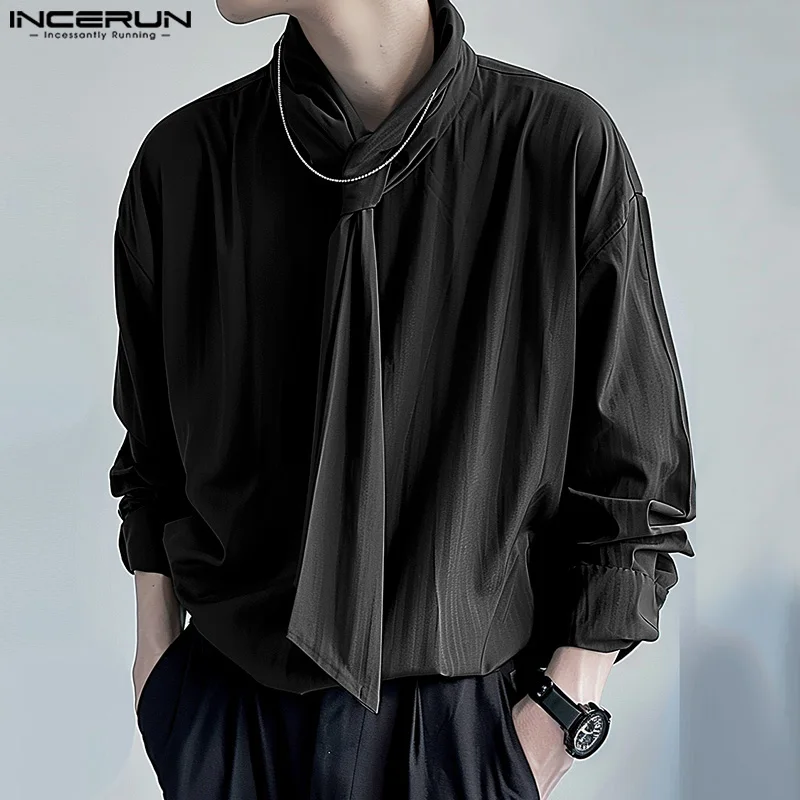 INCERUN Tops 2024 Korean Style Fashion New Men\'s Solid Tie Design Shirts Casual Simple Male All-match Long Sleeved Blouse S-5XL