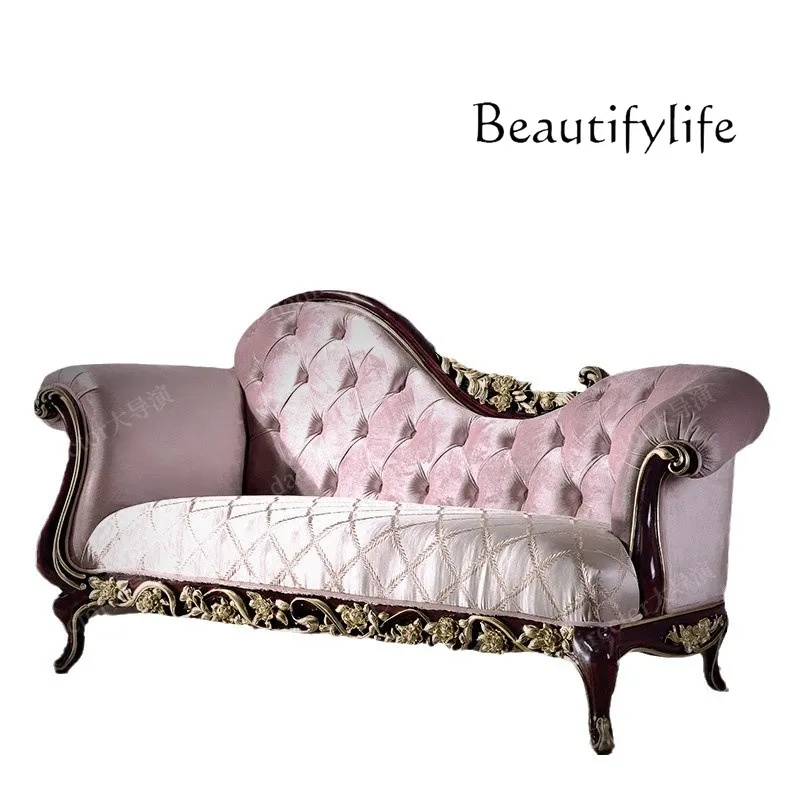 

European solid wood fabric concubine chair French luxury carved concubine couch large living room reclining chair