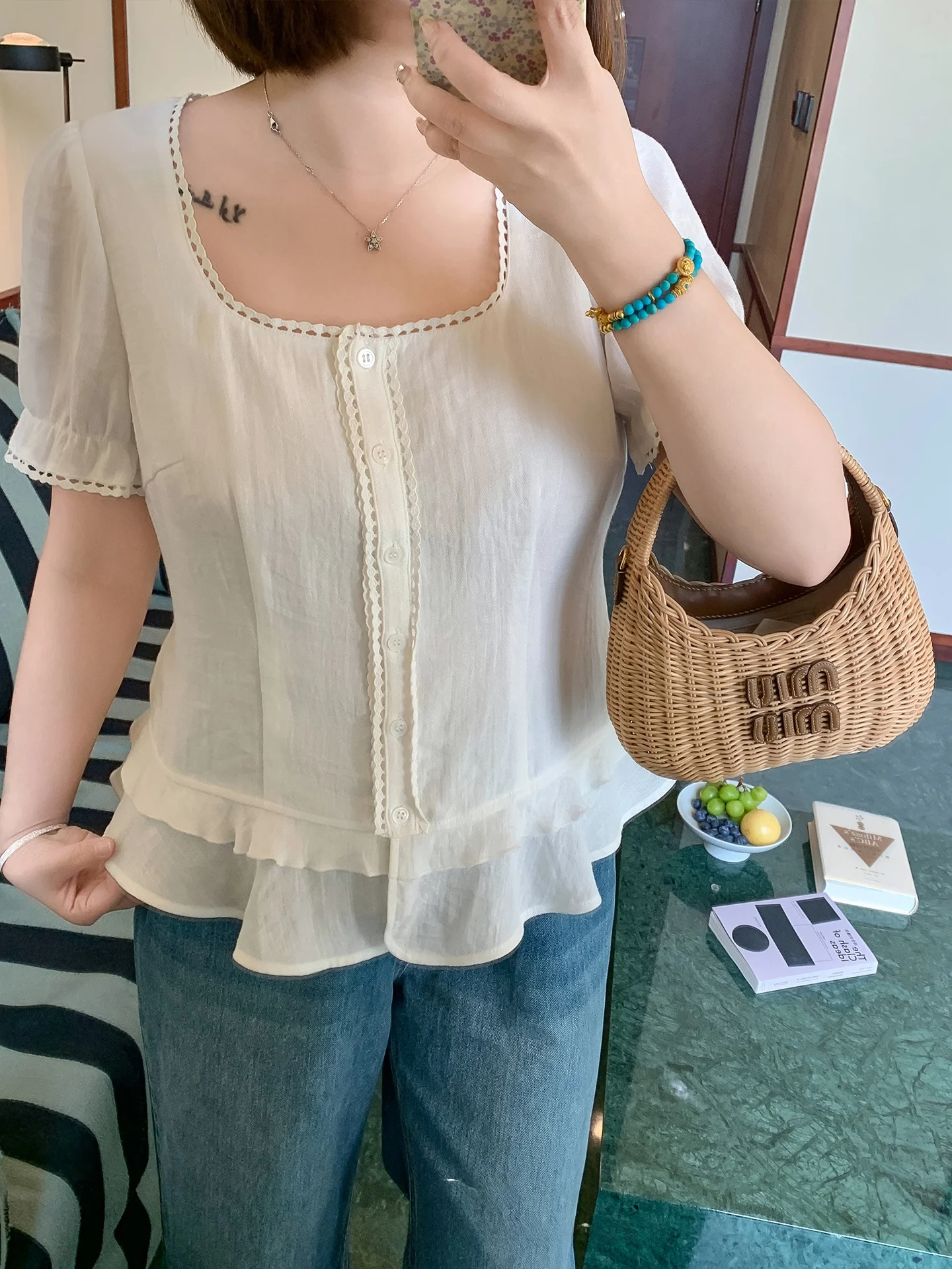 

Летний топ Sweet Sle с двойным слоем, U-образным вырезом, кружевными вставками, свободного кроя, для женщин больших размеров, визуально стройнящий фигуру