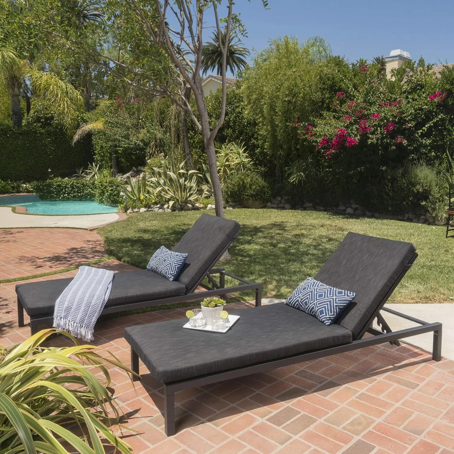 Outdoor Chaise Lounge Aluminum Frame Water Resistant Cushion 2-Pcs Dark Grey, Customized