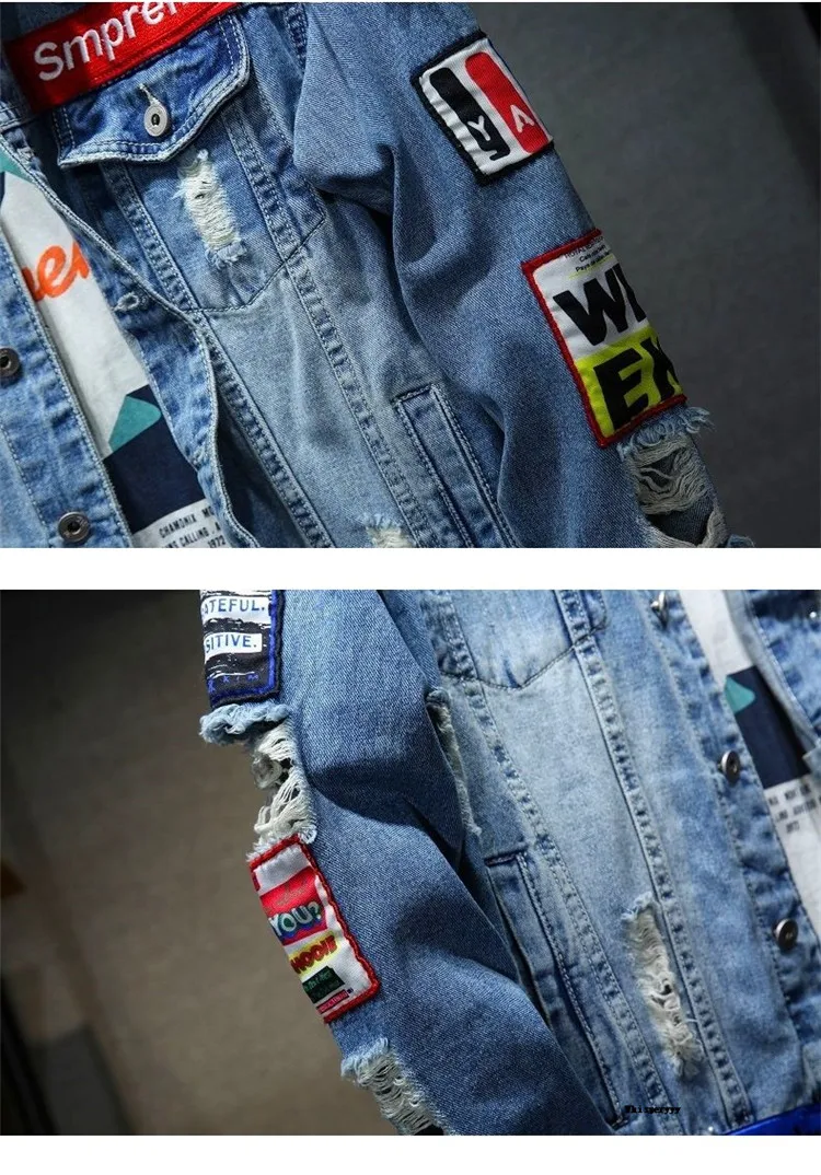 Men Brand Denim Jacket Streetwear Punk Motorcycle Ripped Print Cowboy Coats High Quality Casual Hole Loose Male Jeans Outwear 17