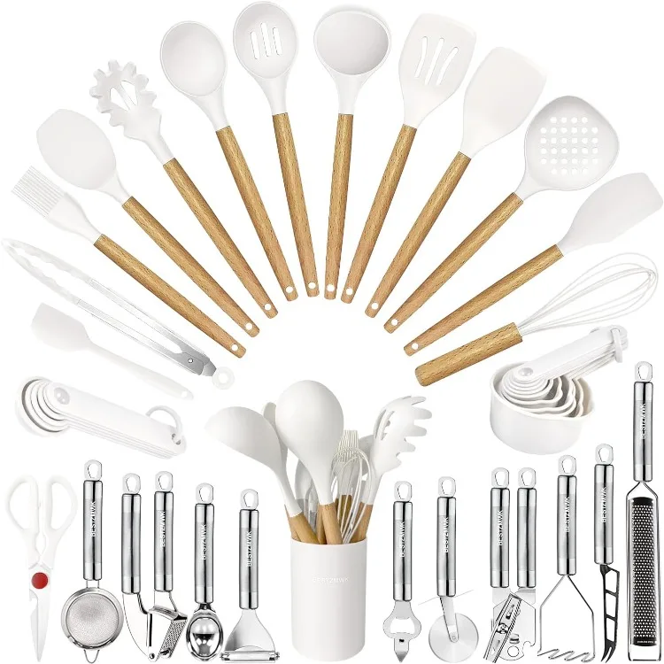 35 PCs Kitchen Utensils with Grater,Tongs, Spoon Spatula &Turner Made of Heat Resistant Food Grade Silicone and Wooden Handles