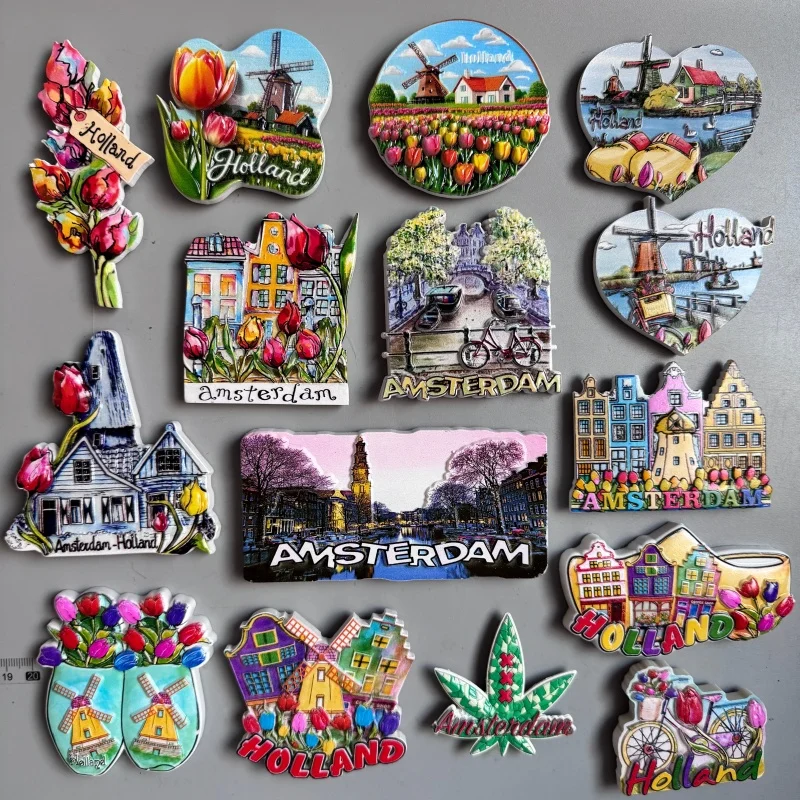 Souvenires turísticos de Holanda, imanes de nevera de Ámsterdam, molino de viento de ciudad antigua de Leiden, casas de taladros, bicicletas, decoración del hogar holandés de Países Bajos